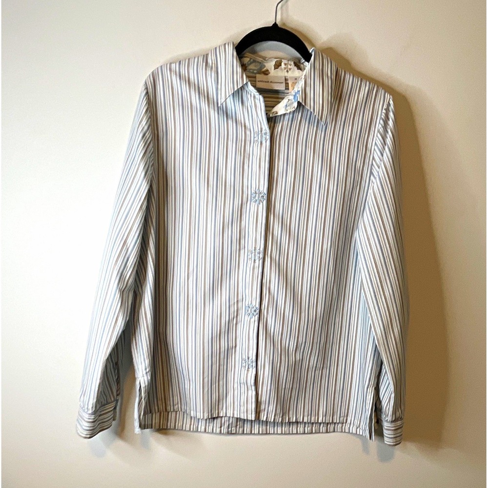 Alfred Dunner Blouse Women 14 Blue Brown Stripe Zip Front Collared Classic